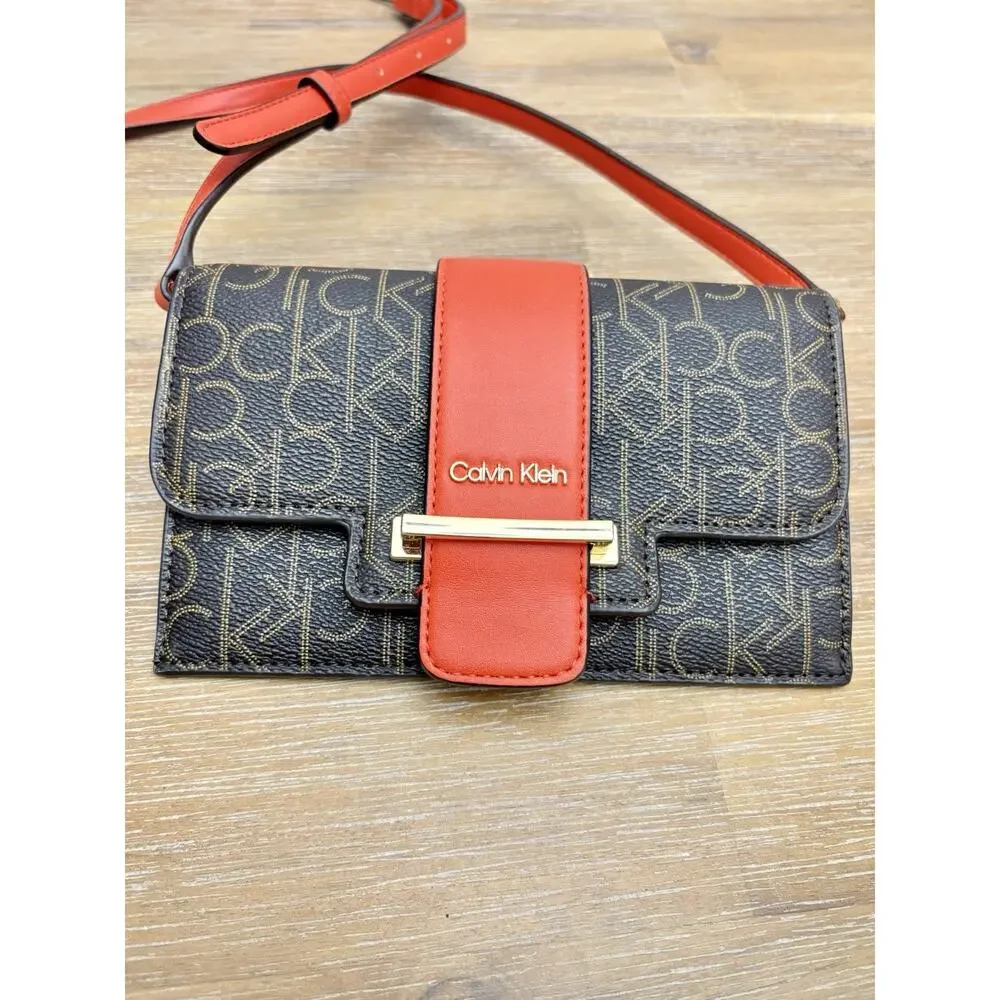 Calvin Klein Women’s Monogram Crossbody Wallet Purse Brown/Red Multi Card Slots
